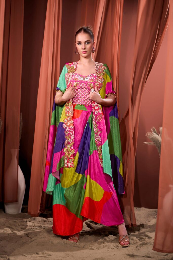 RIZABELLA Women Multicolor Printed Fusion Drape Skirt Set - Pink