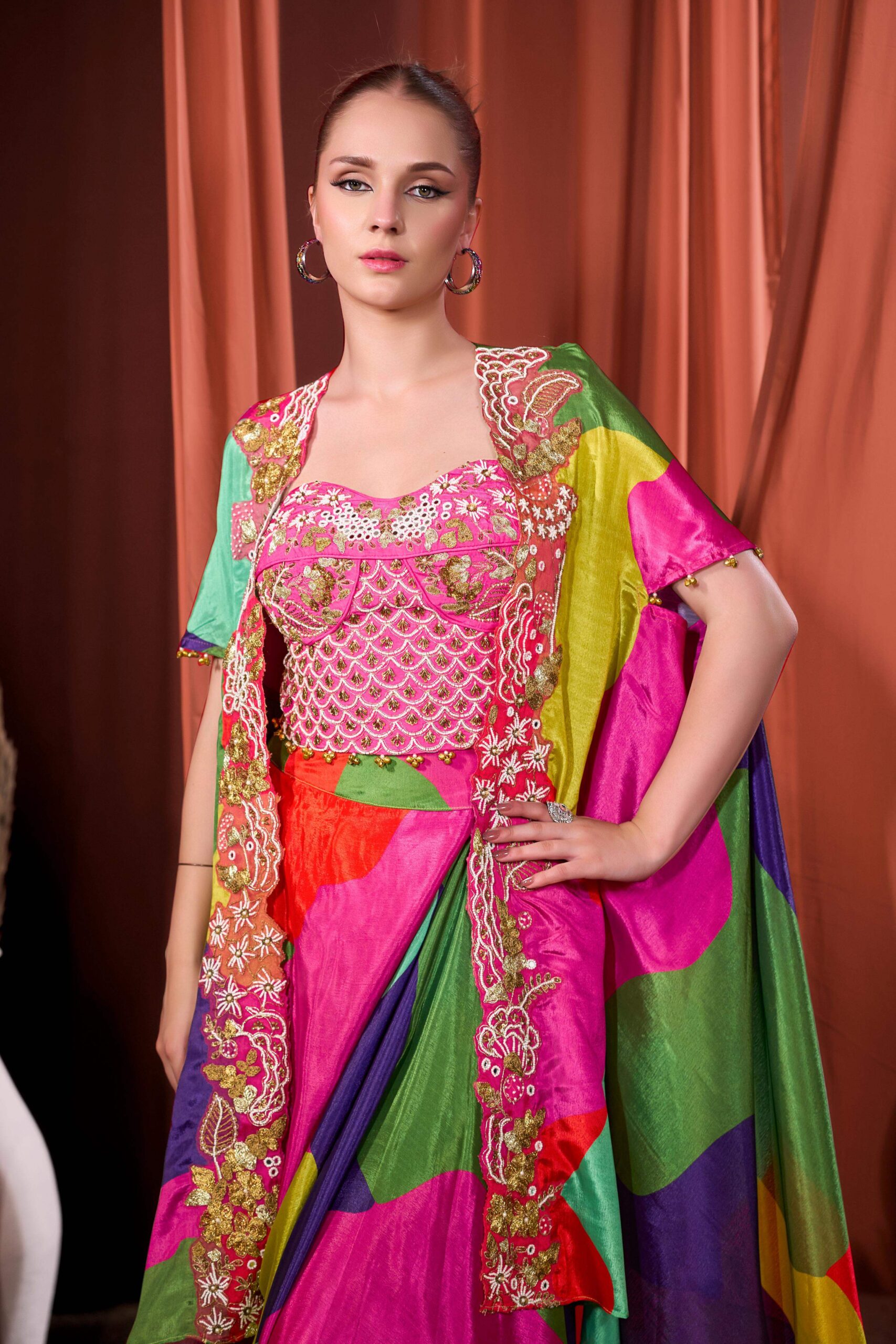 RIZABELLA Women Multicolor Printed Fusion Drape Skirt Set - Pink - Image 3