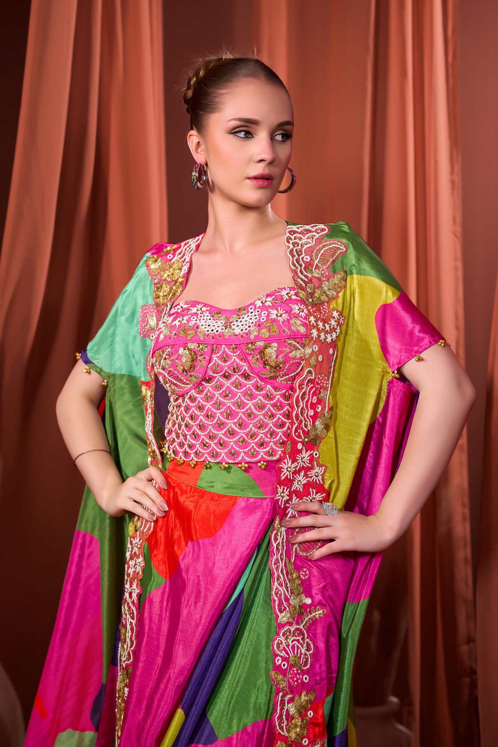 RIZABELLA Women Multicolor Printed Fusion Drape Skirt Set - Pink - Image 7