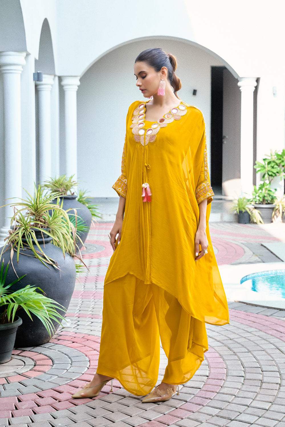 Yellow Mirror Work Kaftan Set - Image 5