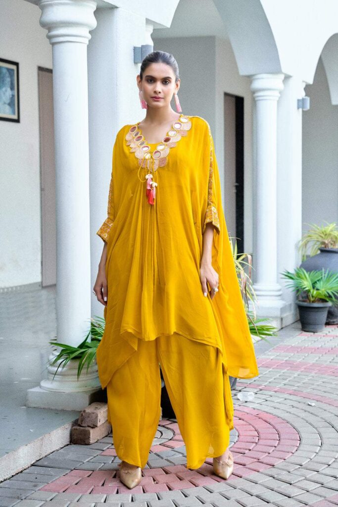 Yellow Mirror Work Kaftan Set