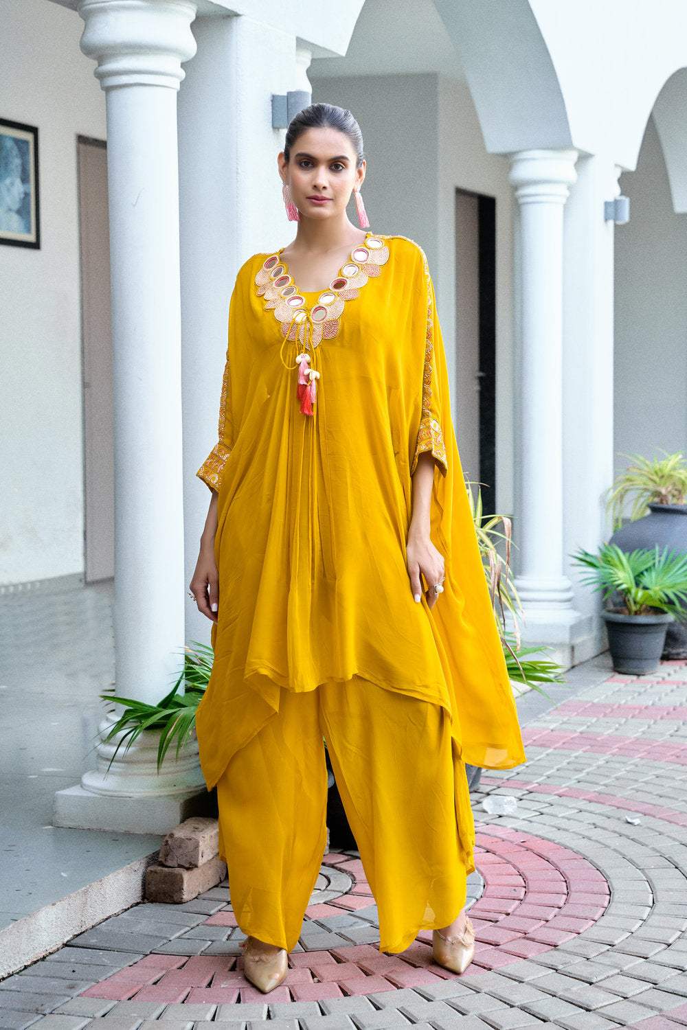 Yellow Mirror Work Kaftan Set