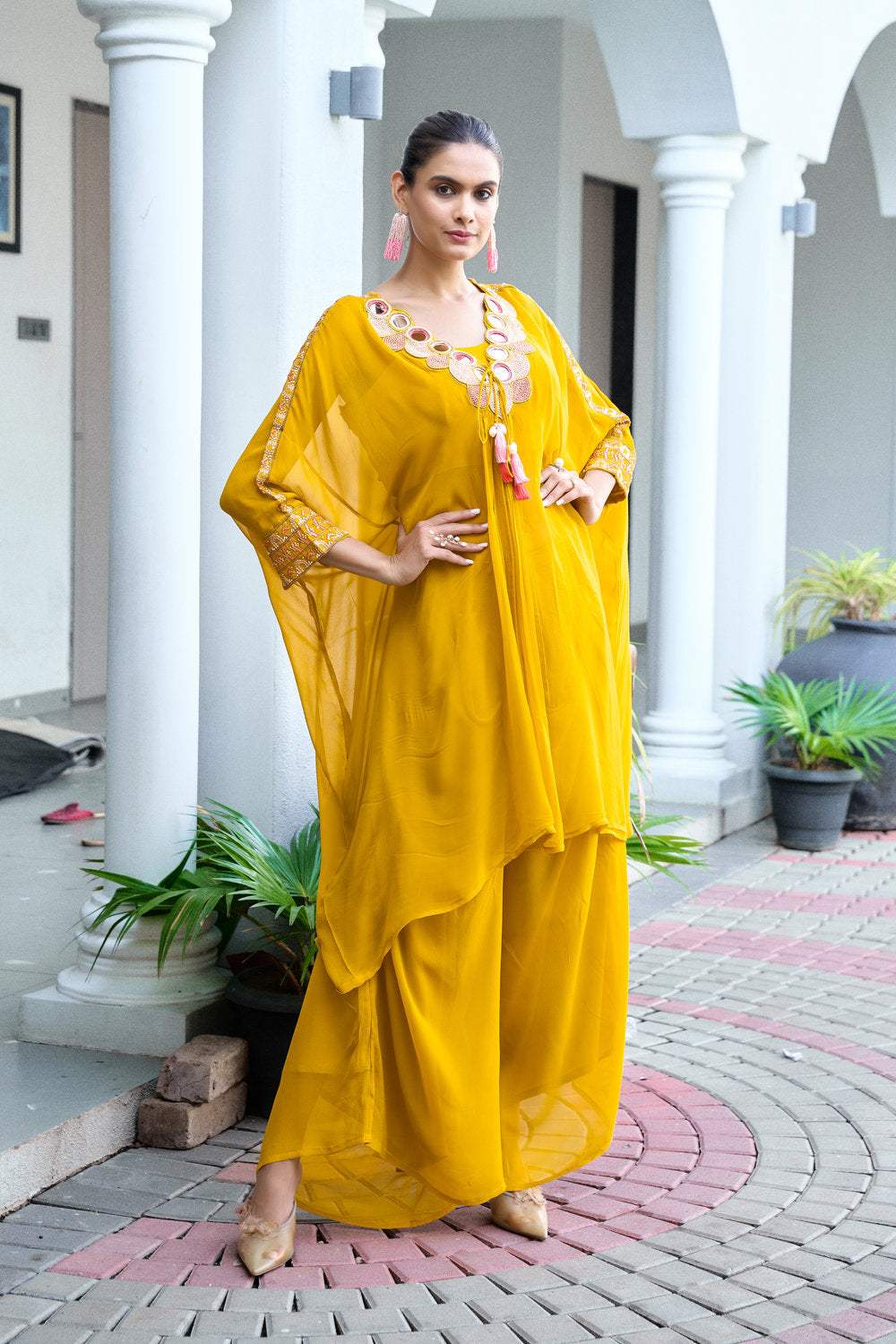 Yellow Mirror Work Kaftan Set - Image 4