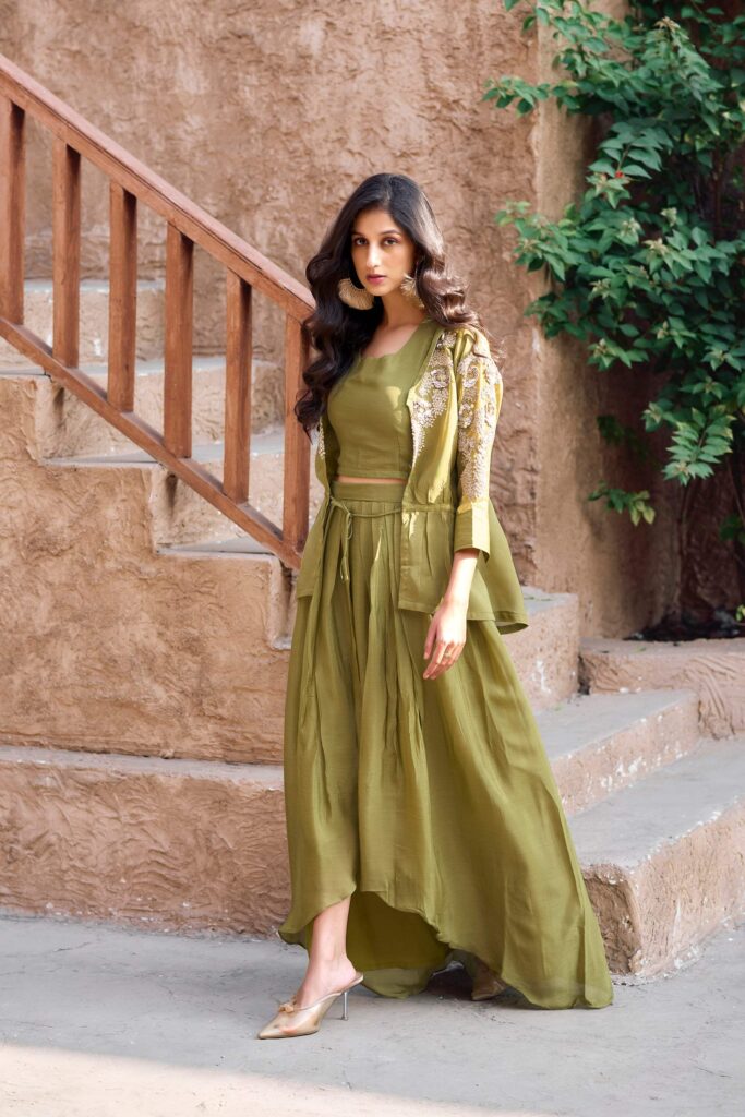 Olive green embellished sleeves shrug set