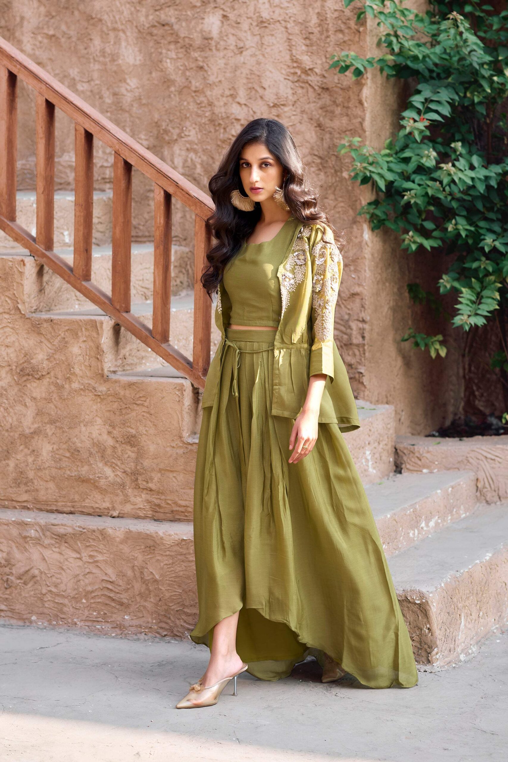 Olive green embellished sleeves shrug set