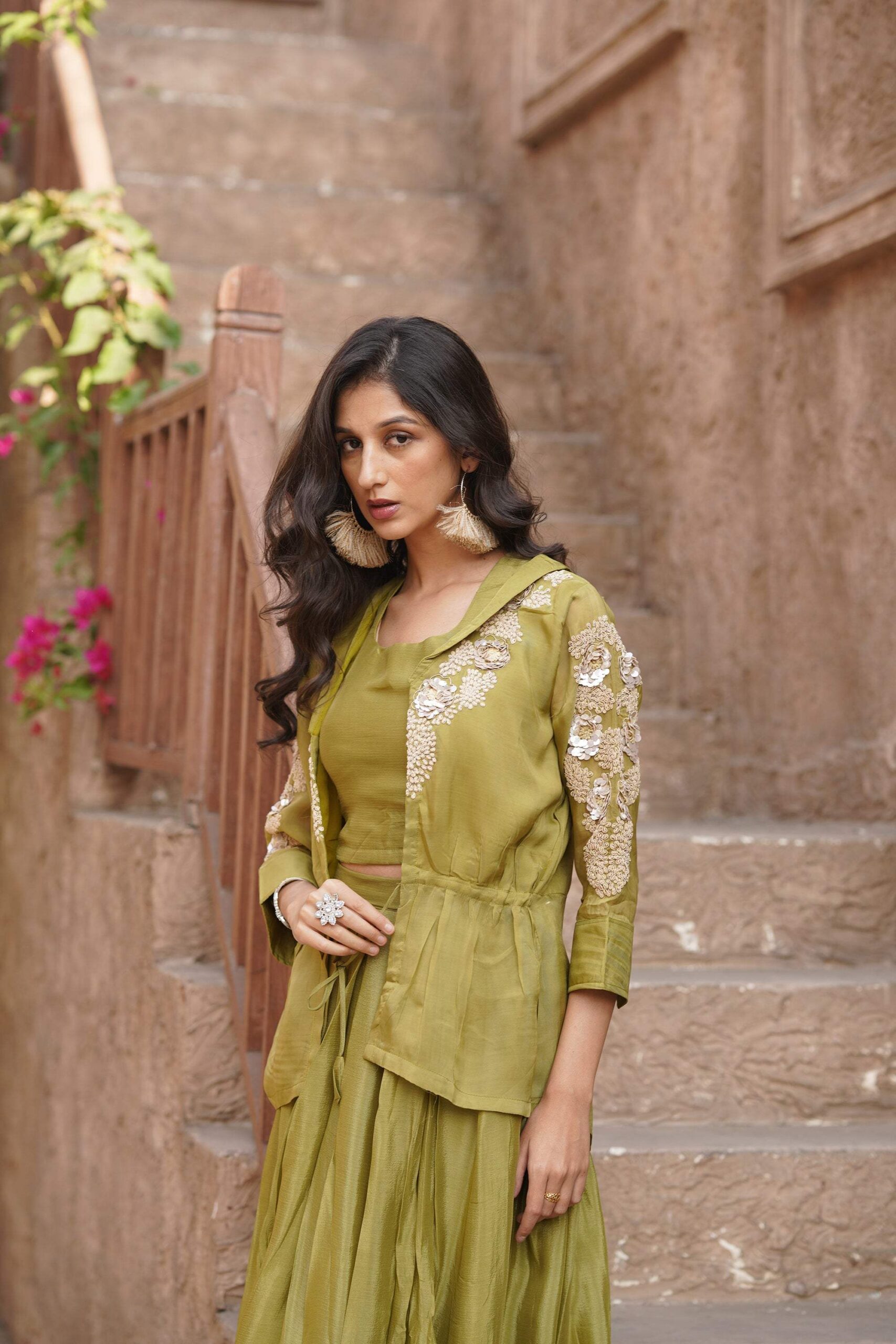 Olive green embellished sleeves shrug set - Image 2