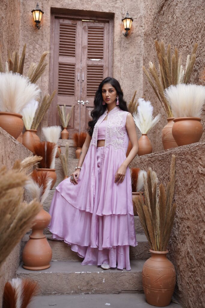 Lilac Floral Beaded Long Jacket Set