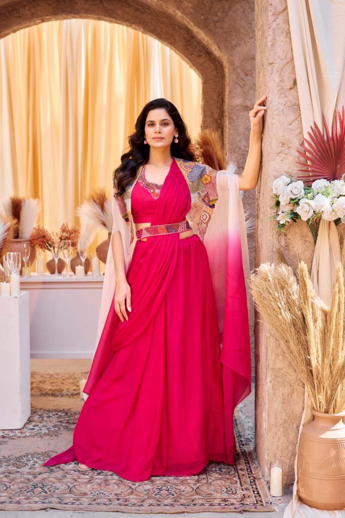 Iconic Fuchsia Draped - Ombre Embroidered Jacket Set