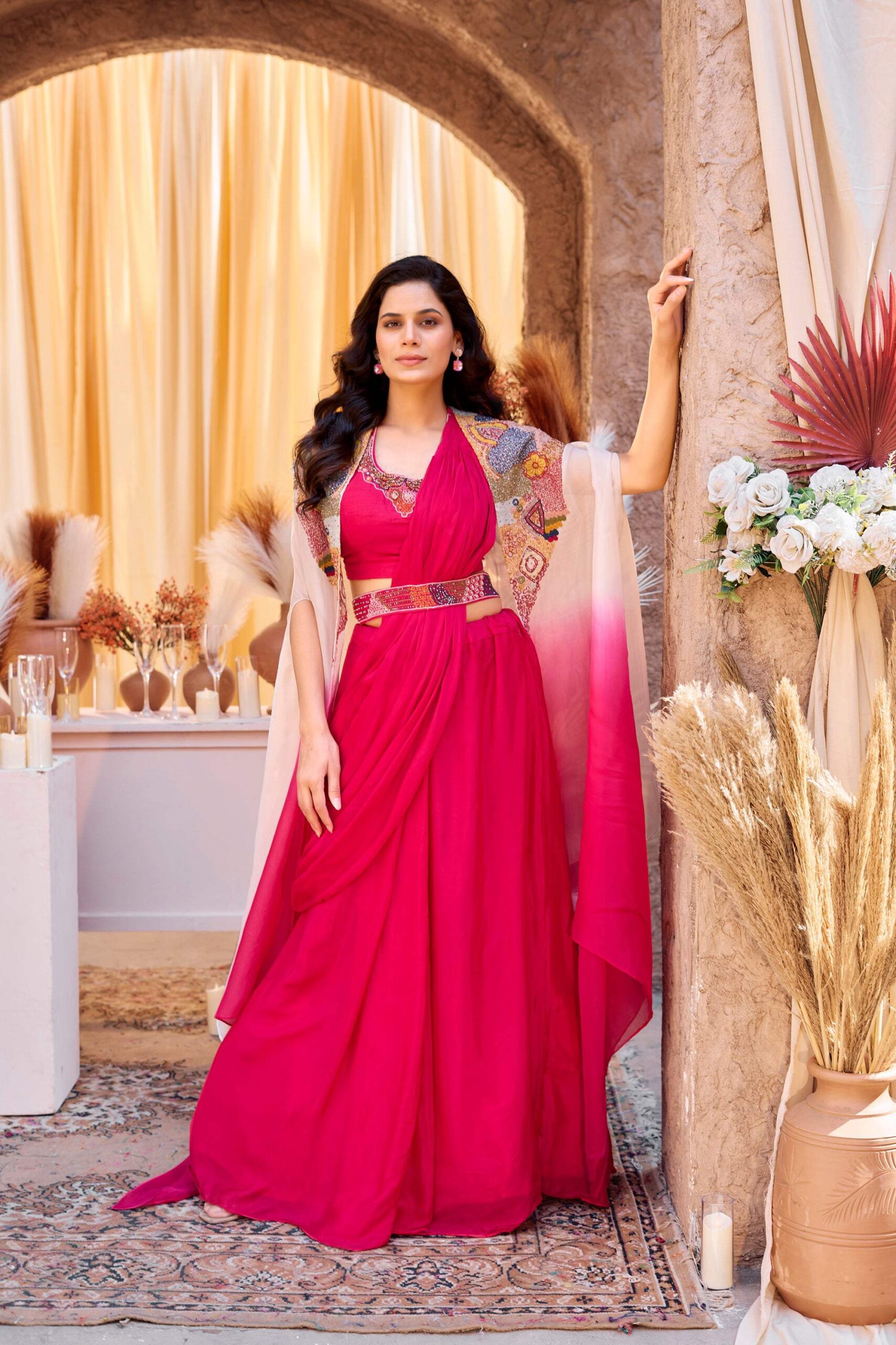 Iconic Fuchsia Draped - Ombre Embroidered Jacket Set