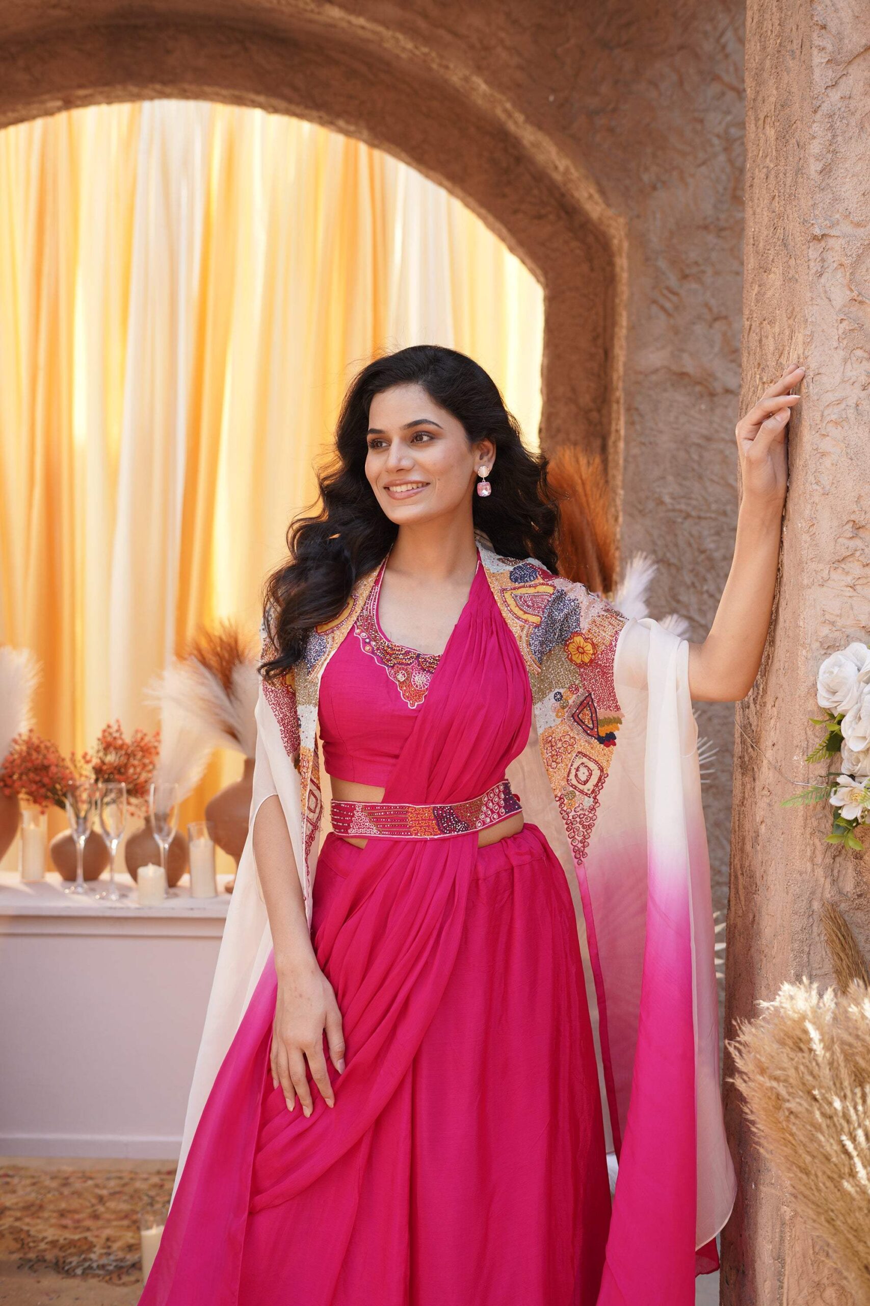 Iconic Fuchsia Draped - Ombre Embroidered Jacket Set - Image 2