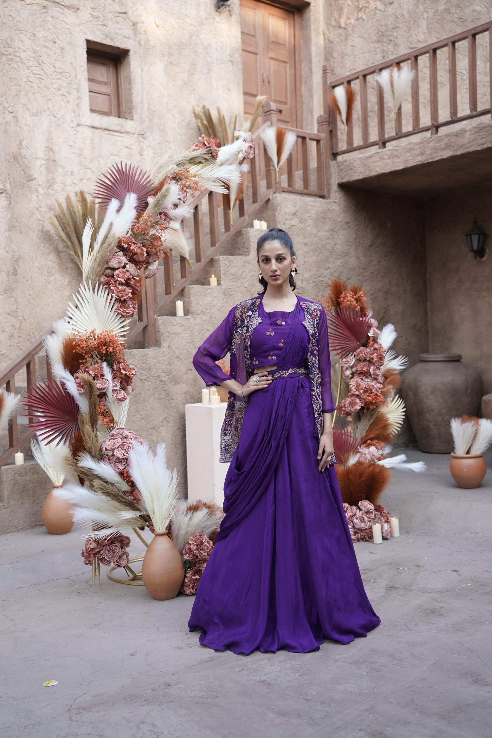 Gold Embroidered Jacket Set - Purple - Image 2