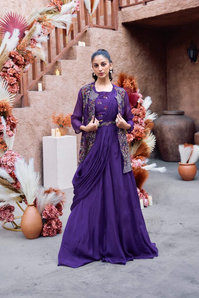 Gold Embroidered Jacket Set - Purple