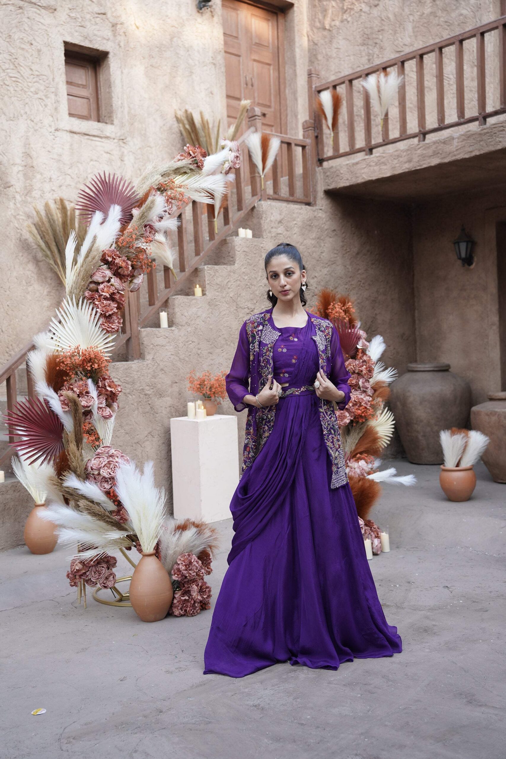 Gold Embroidered Jacket Set - Purple - Image 3