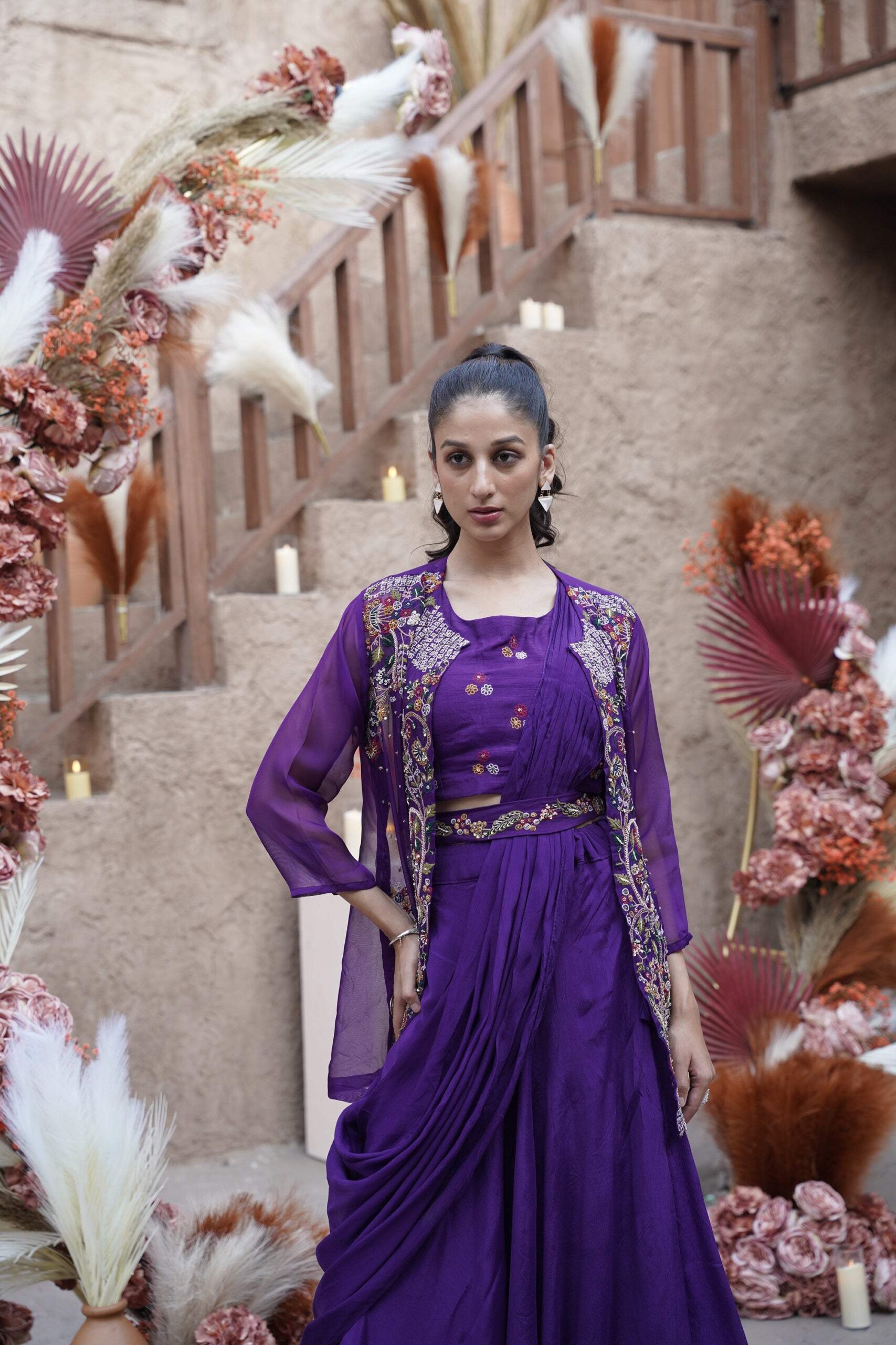 Gold Embroidered Jacket Set - Purple - Image 4