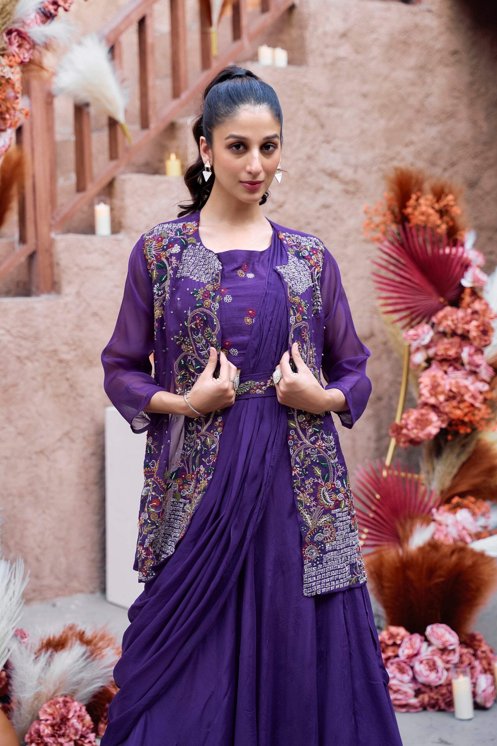 Gold Embroidered Jacket Set - Purple - Image 5