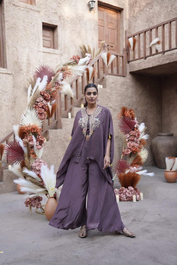 Embroidered Cape Palazzo Three-Piece Set