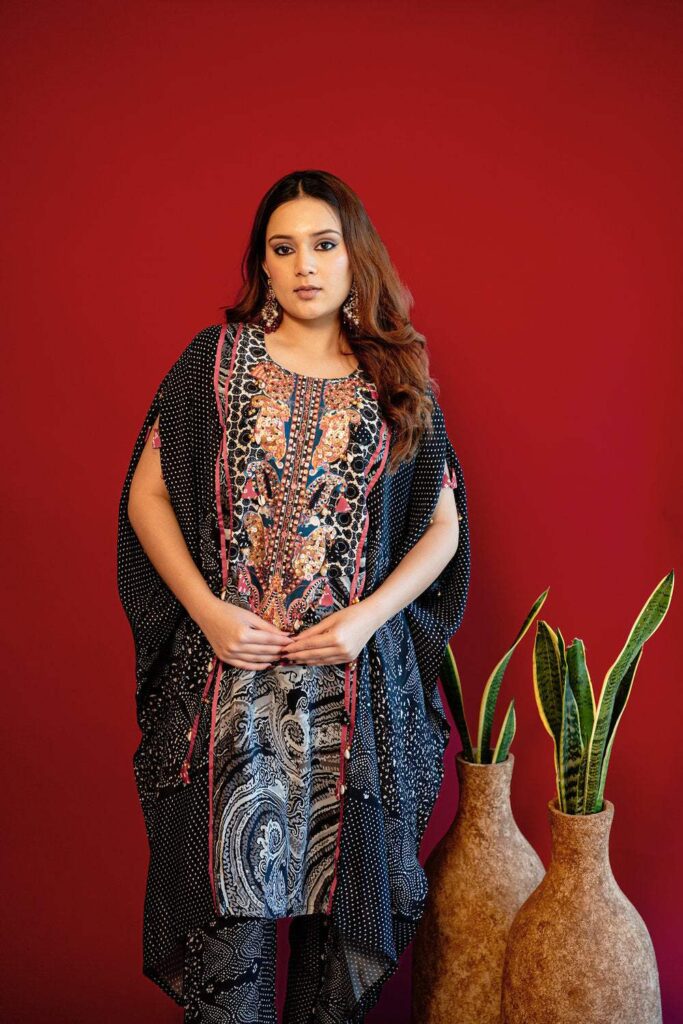 Embroidered Asymmetrical Kurta Set - Black