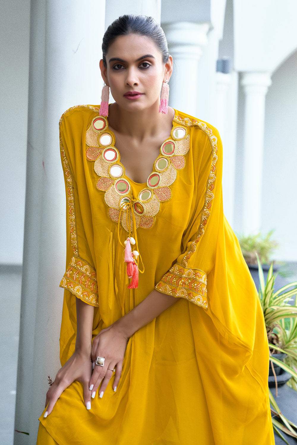 Yellow Mirror Work Kaftan Set - Image 3