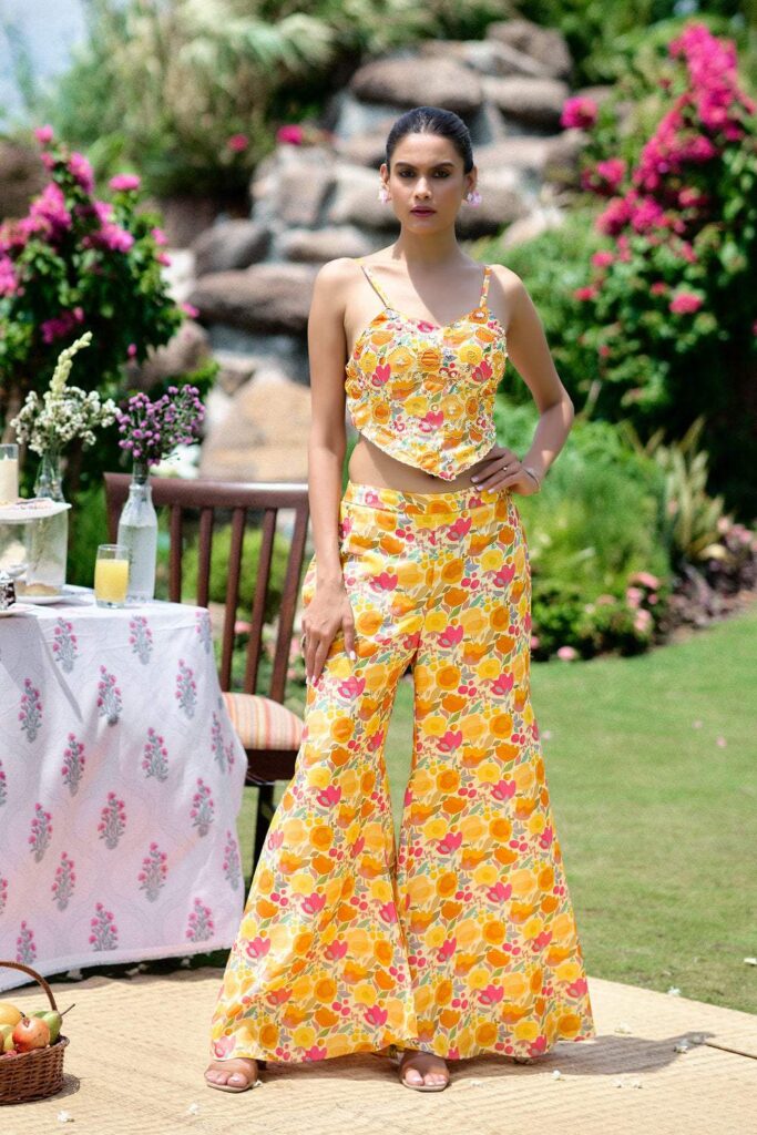 Floral Embroidered Co-ord Set - Yellow- Orange