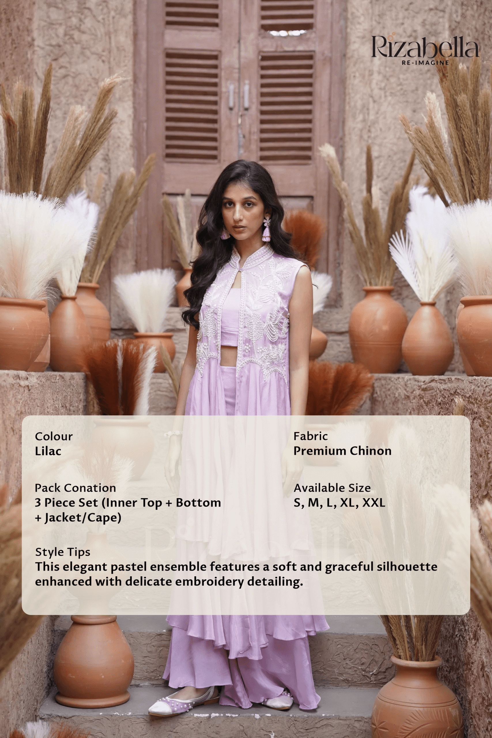 Beaded long jacket set - Lilac - Image 7