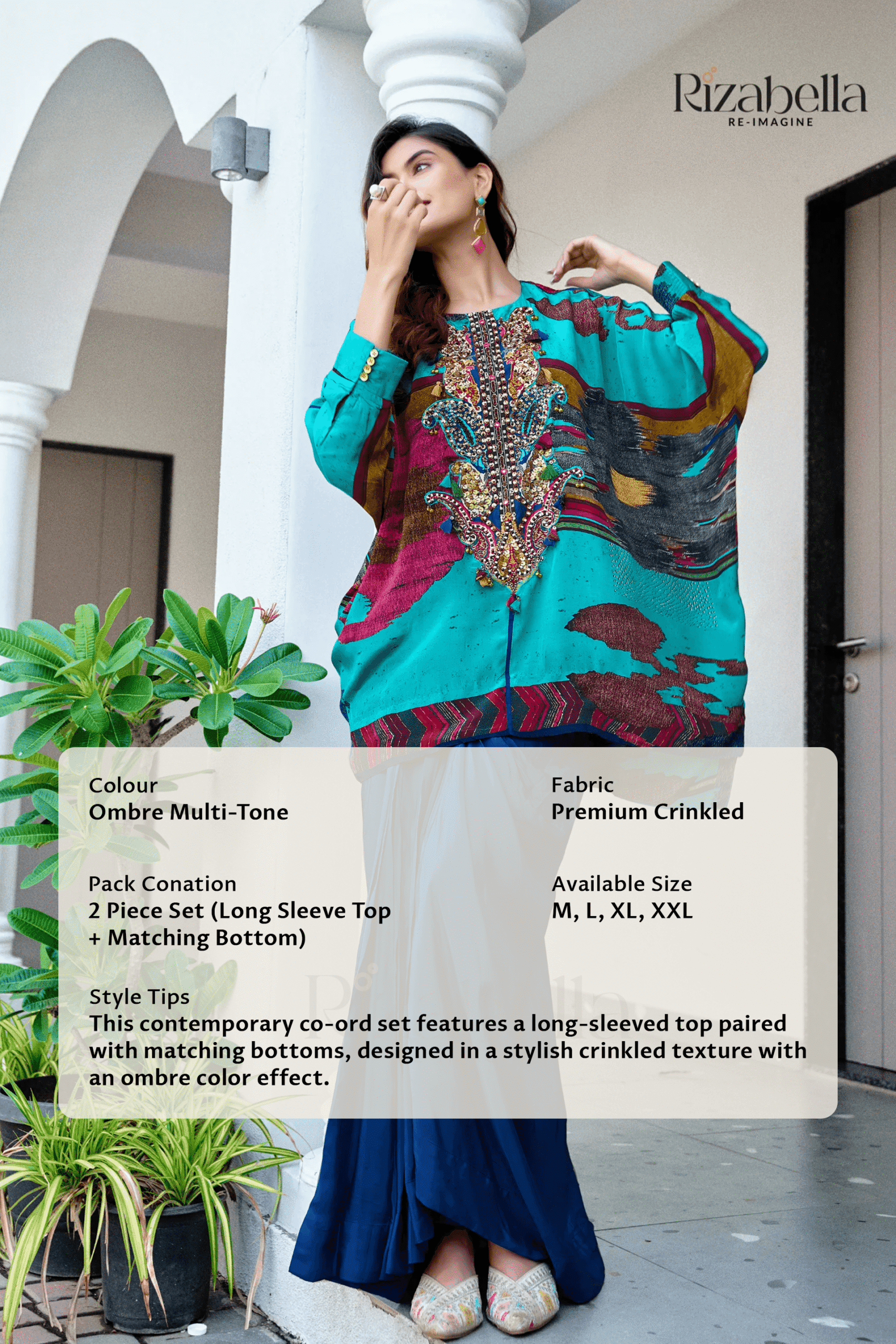 Embroidered Tunic with Draped Pants - Blue - Image 5