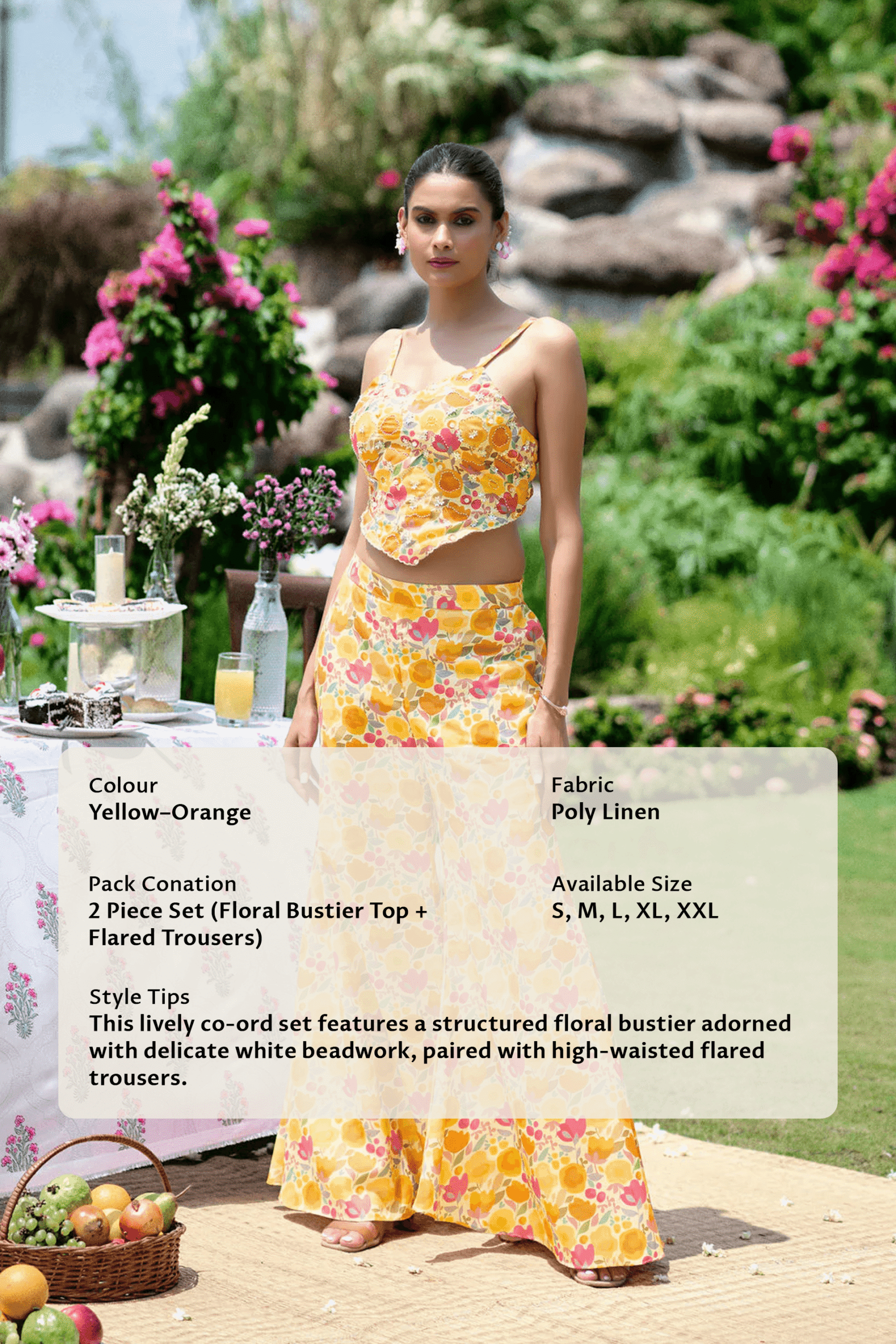 Floral Embroidered Co-ord Set - Yellow- Orange - Image 9