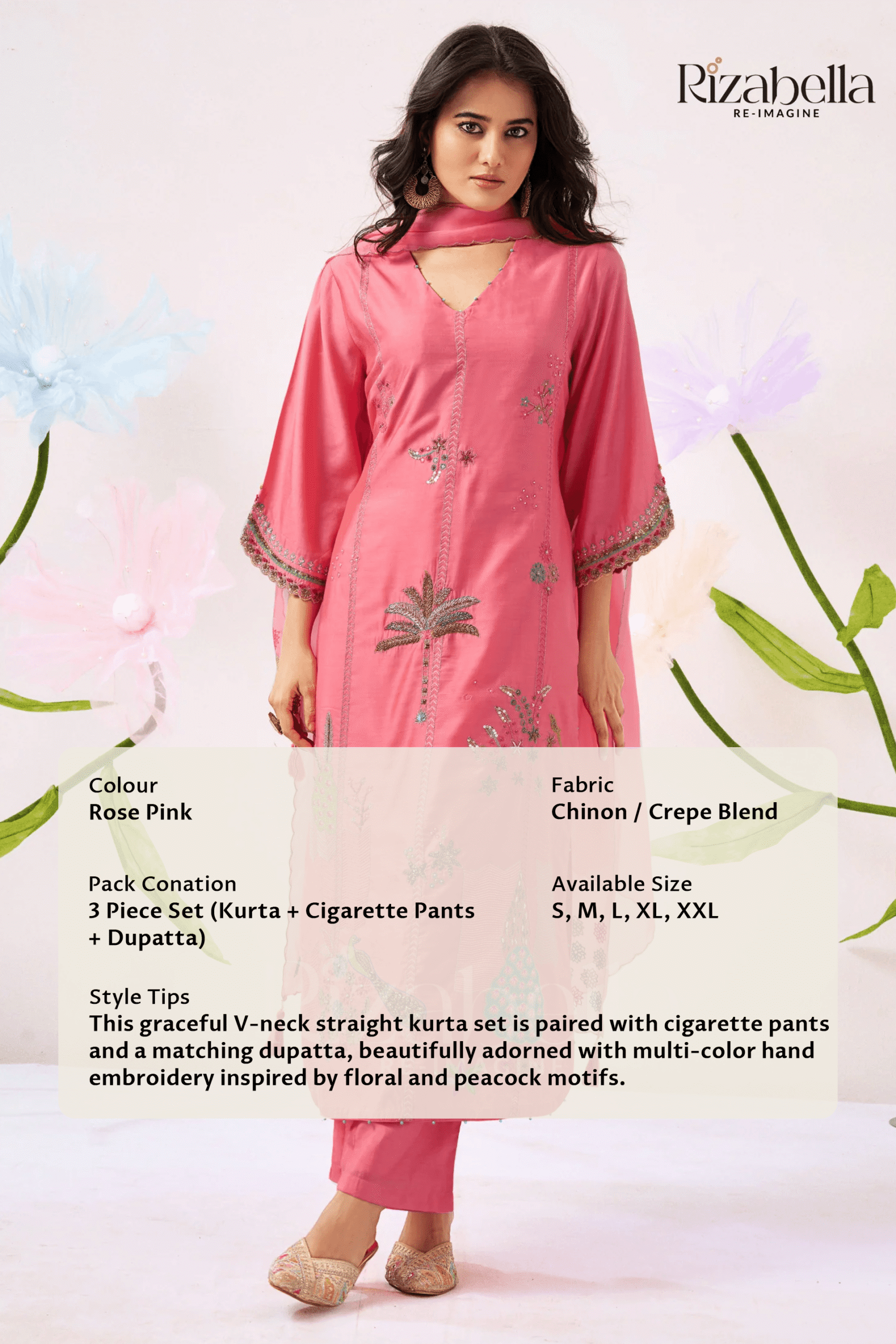 Kurta Set with Peacock & Floral Handwork - Image 8