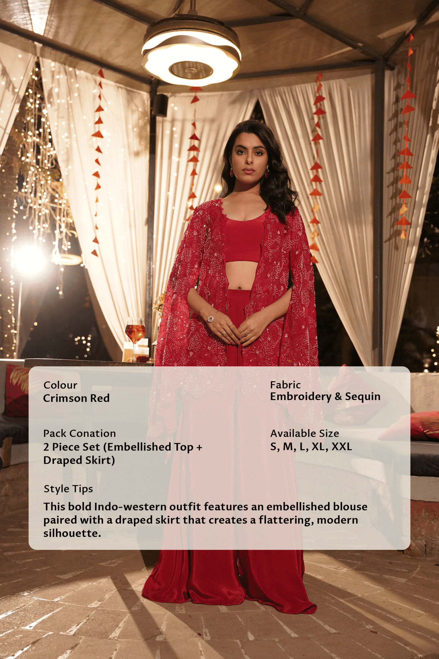 Embroidered Jacket Palazzo Set - Red - Image 5