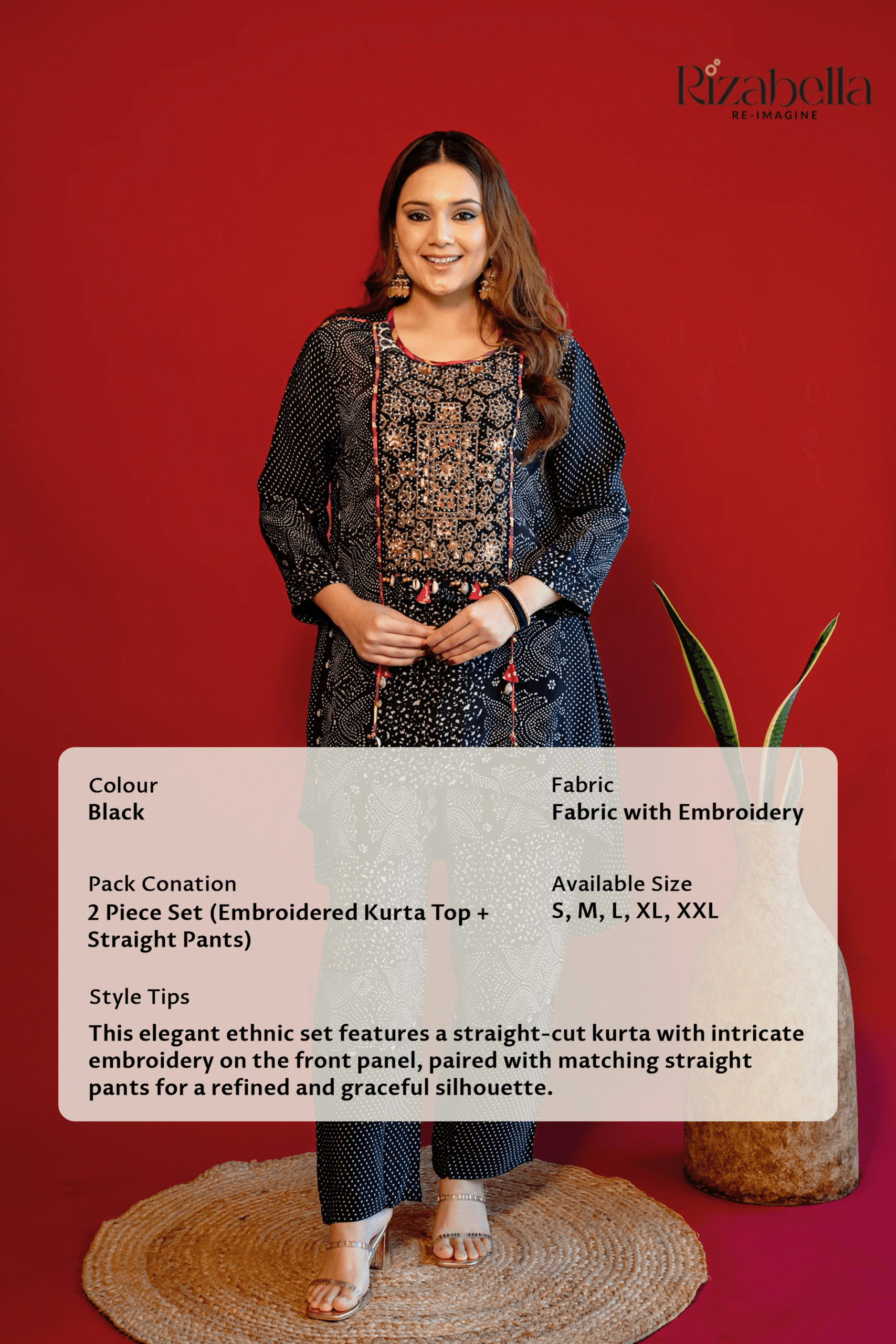 Embroidered Kaftan Pant Set - Black - Image 4