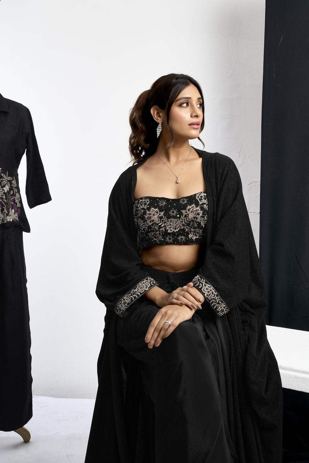 Embroidered Blouse With Cape & Drape Skirt - Image 11