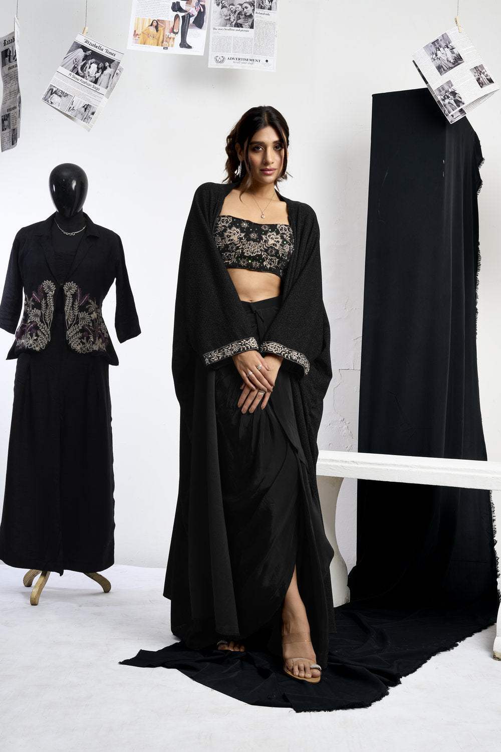 Embroidered Blouse With Cape & Drape Skirt - Image 2