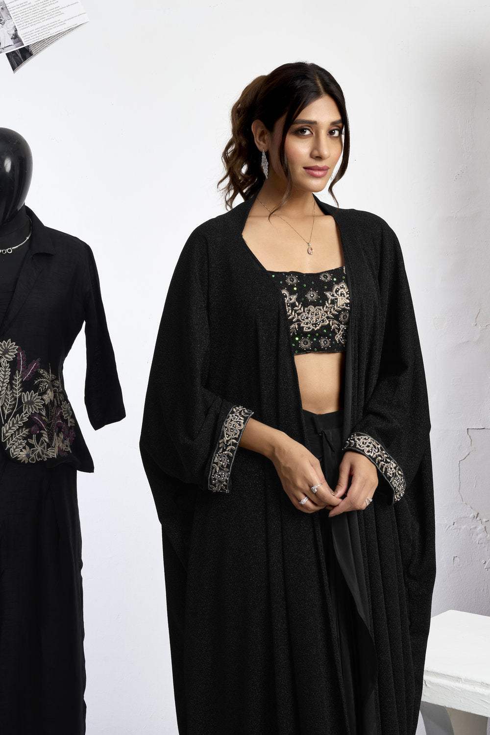 Embroidered Blouse With Cape & Drape Skirt - Image 3