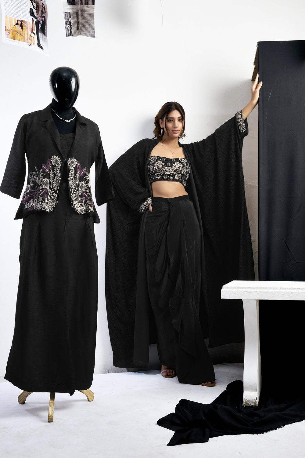 Embroidered Blouse With Cape & Drape Skirt - Image 4