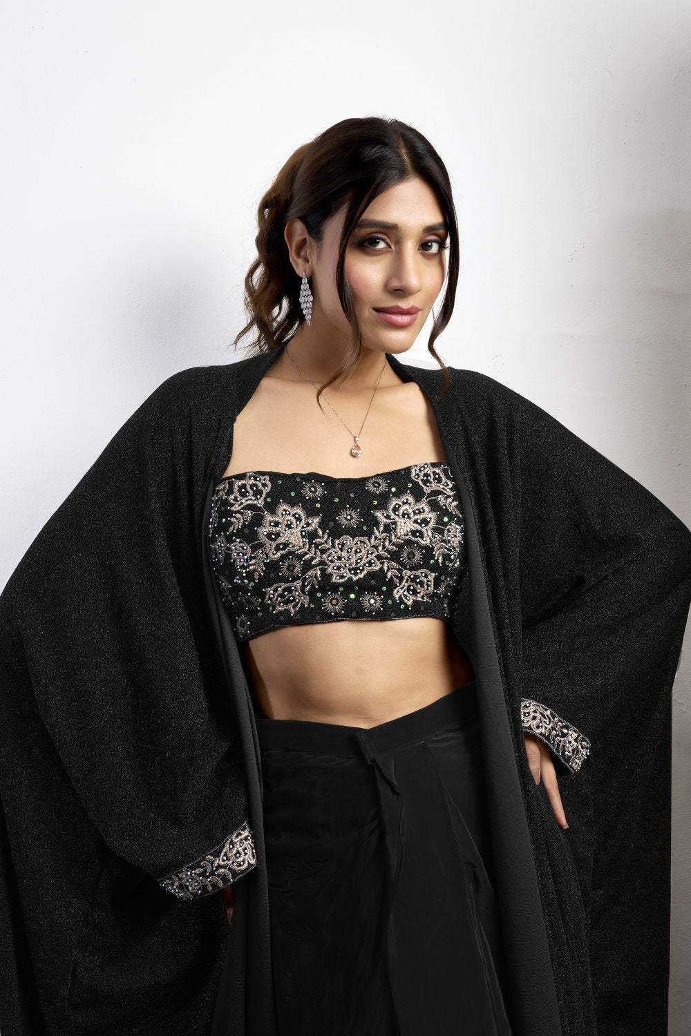 Embroidered Blouse With Cape & Drape Skirt