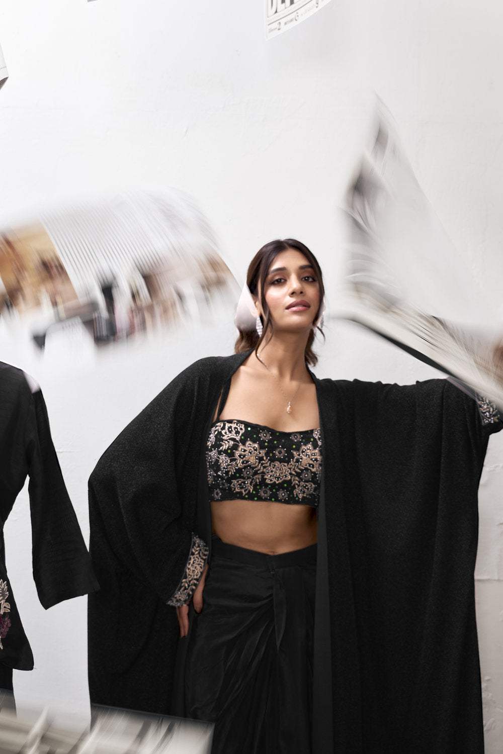 Embroidered Blouse With Cape & Drape Skirt - Image 6