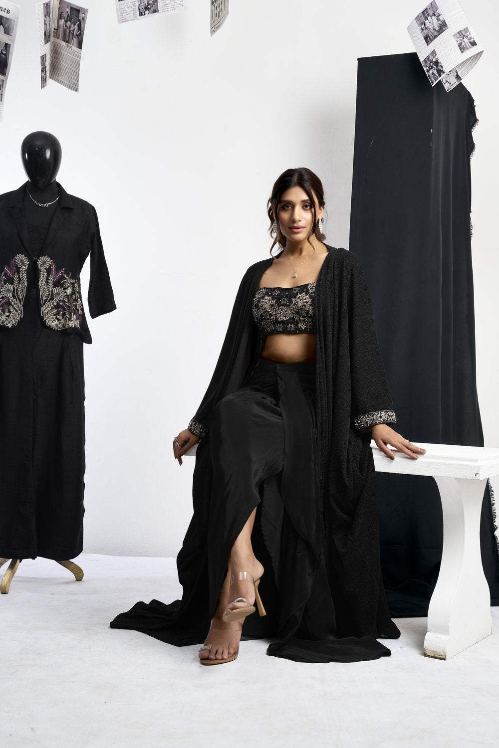 Embroidered Blouse With Cape & Drape Skirt - Image 8