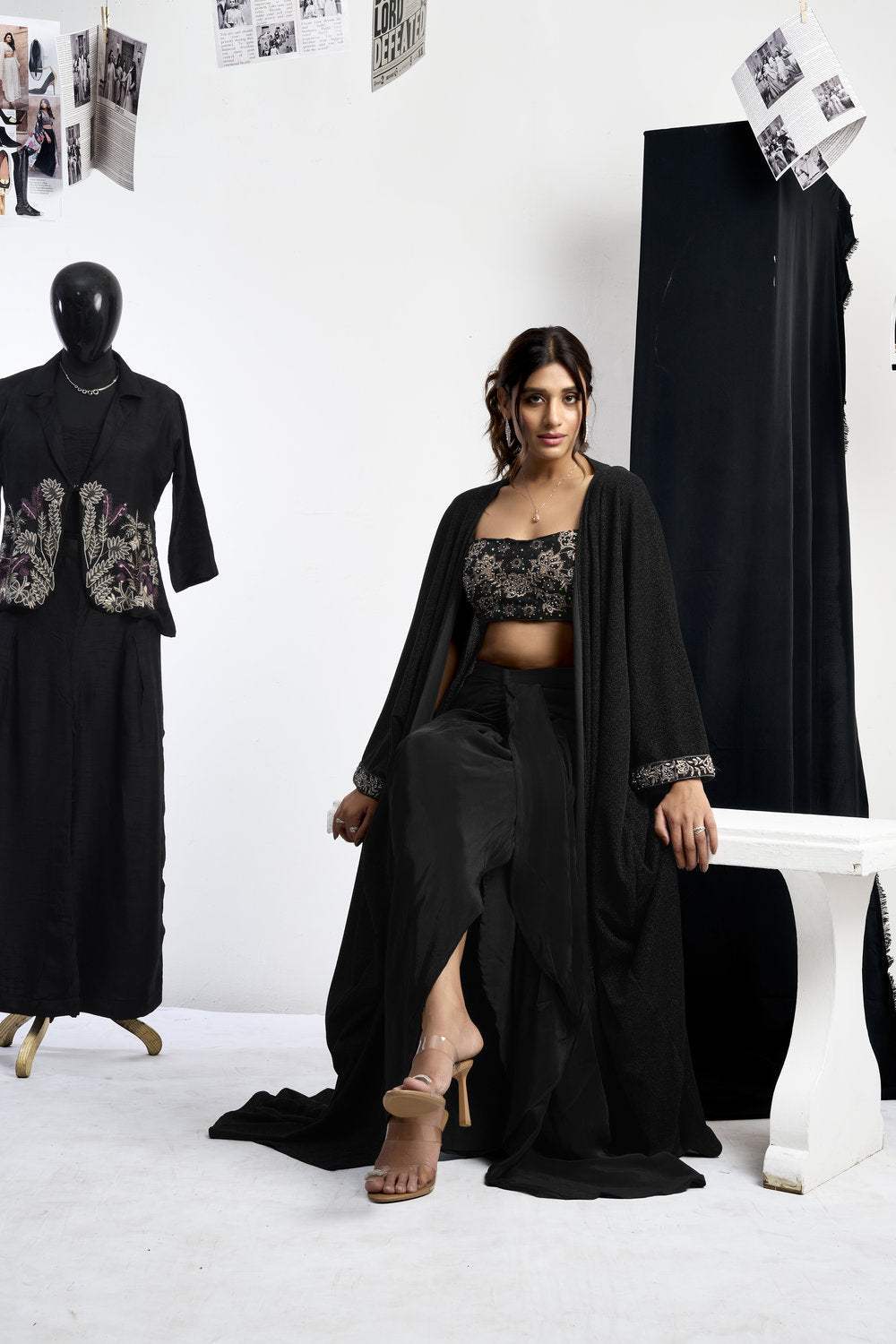 Embroidered Blouse With Cape & Drape Skirt - Image 9