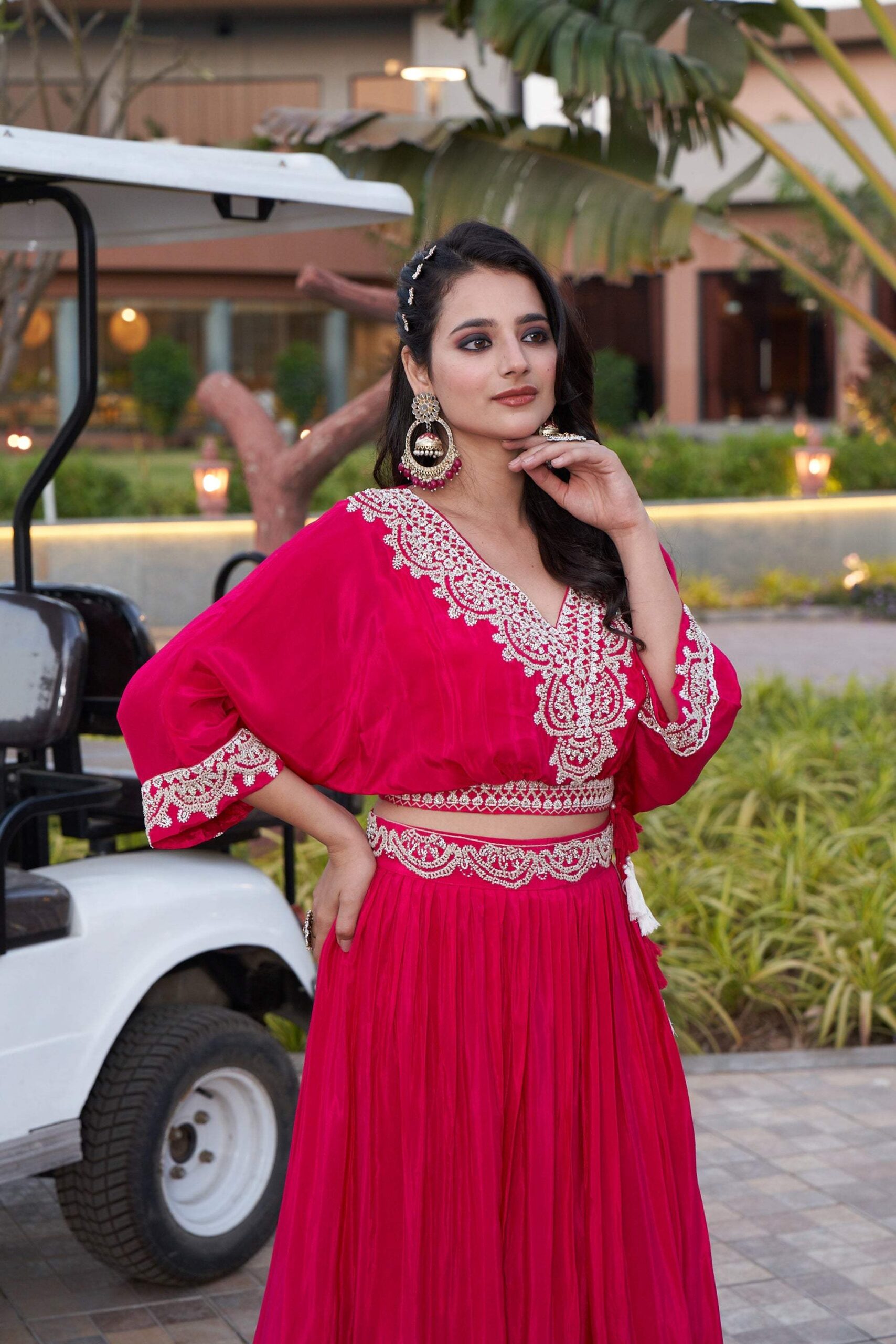 Draped Floral Embroidered Ensemble - Red - Image 2
