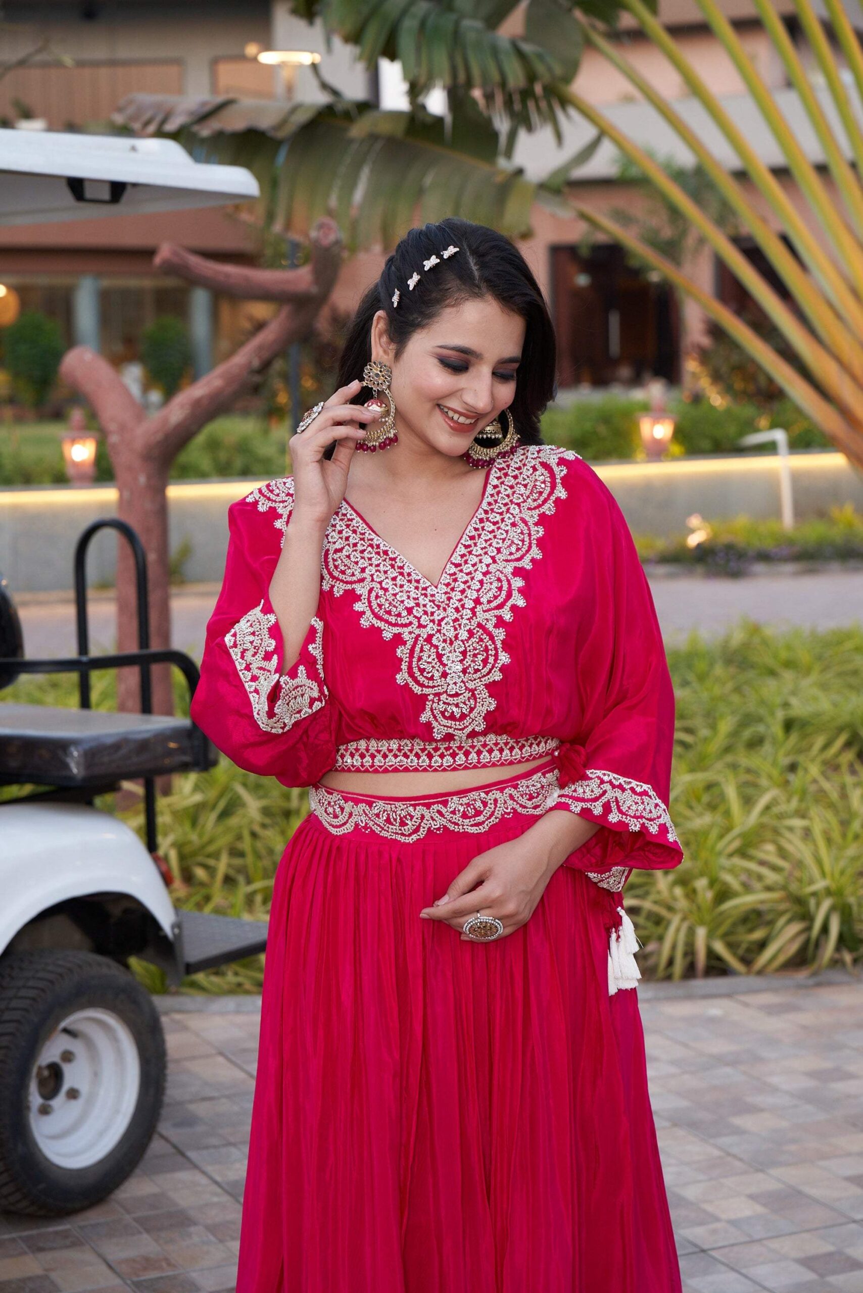 Draped Floral Embroidered Ensemble - Red - Image 3