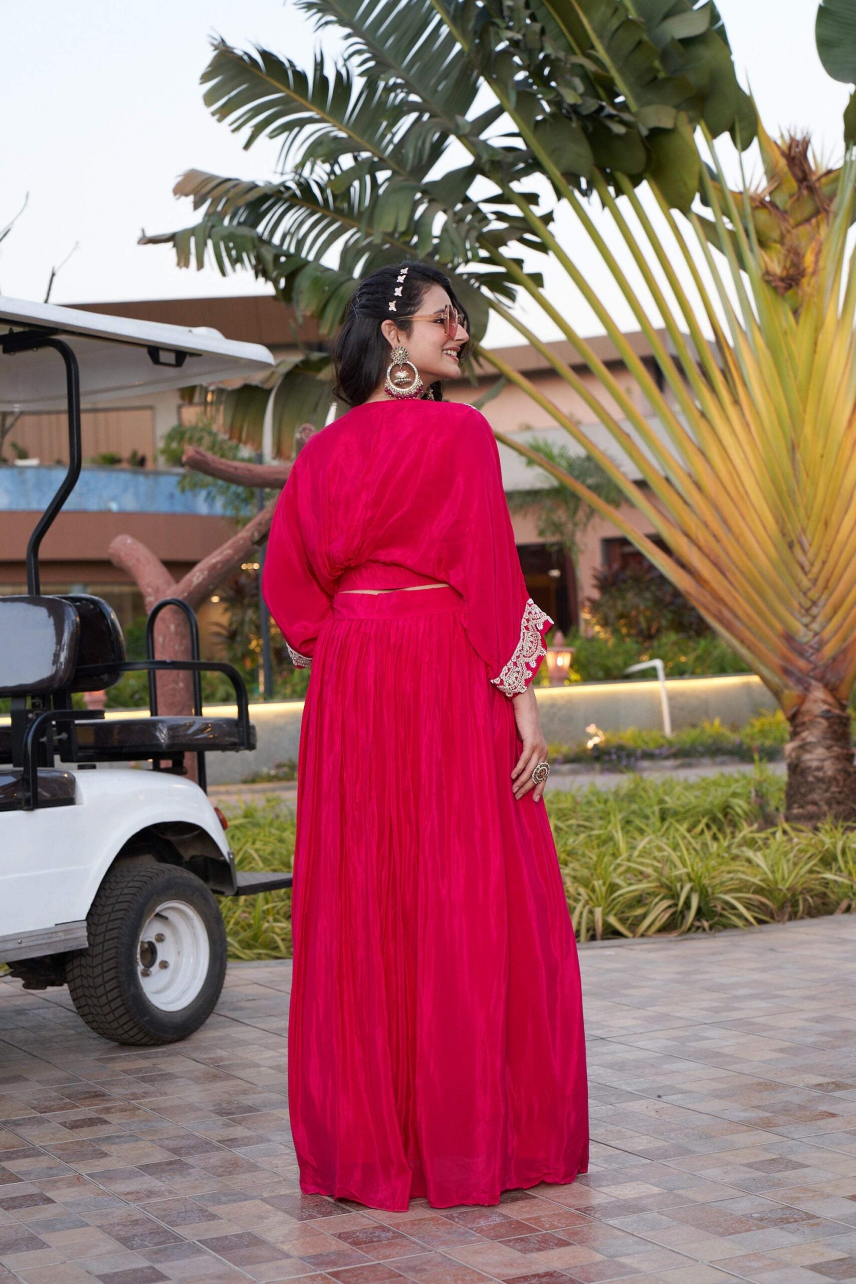 Draped Floral Embroidered Ensemble - Red - Image 4